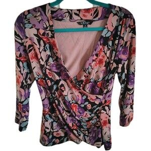 Lauren Ralph Lauren Blouse Size M Floral Suplice Jersey 3/4 Sleeve Black Label